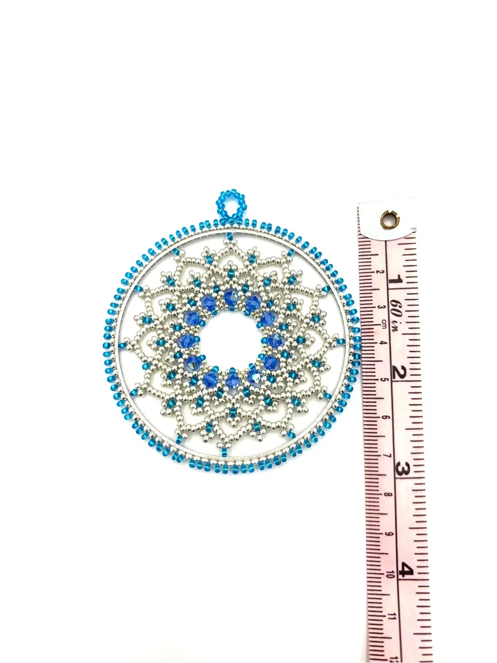 Hand Crafted Blue Beaded Mandala Window Suncatcher - Home Wall Decor